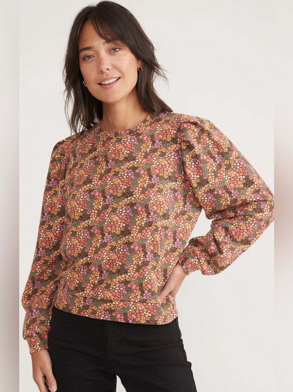 Marine Layer Floral Print Puff Sleeve Organic Cotton Blend Sweatshirt